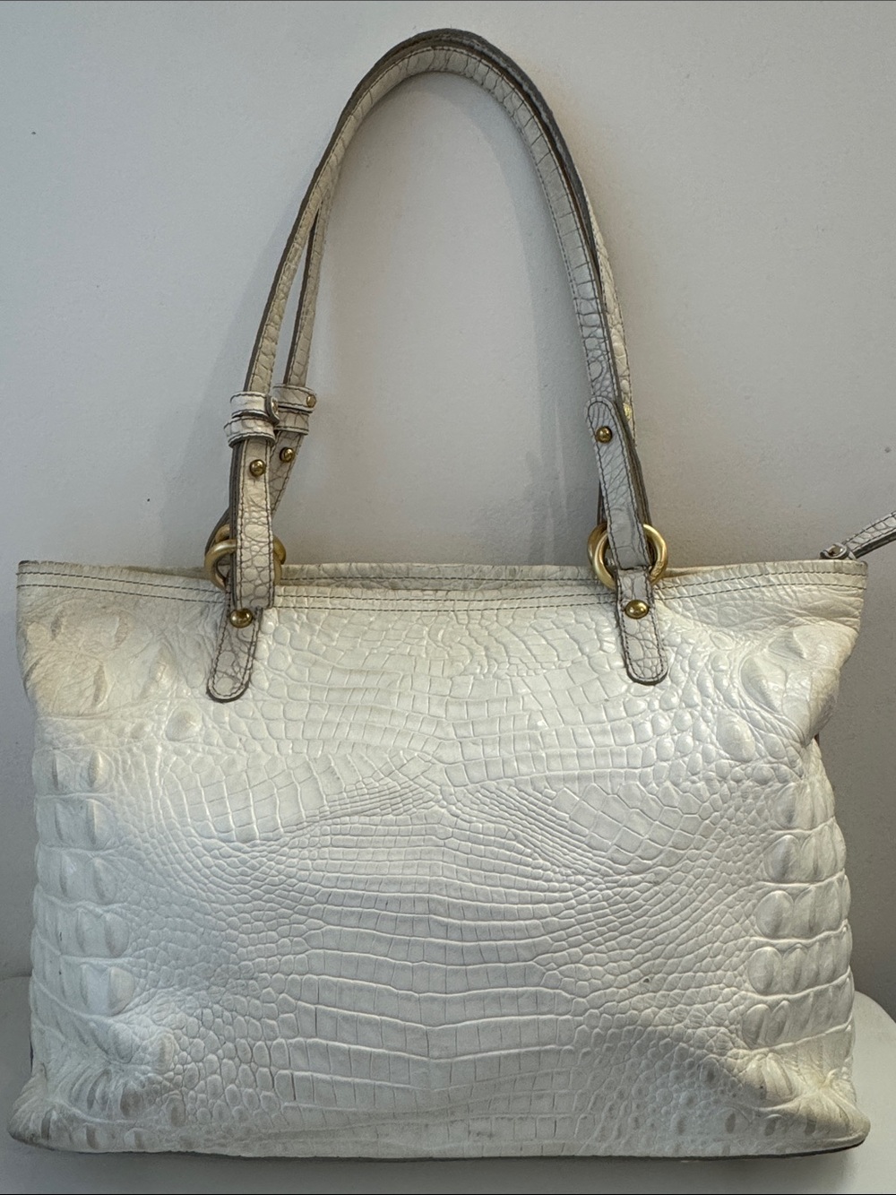 Brahmin Melbourne Croc Embossed Leather Tote Bag Linen Cream Gold - Picture 5 of 12